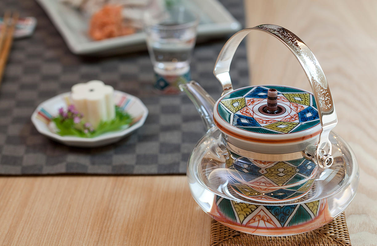 九谷ちろり 冷酒器揃 古九谷菱文 - (九谷焼磁器とガラスの融合で