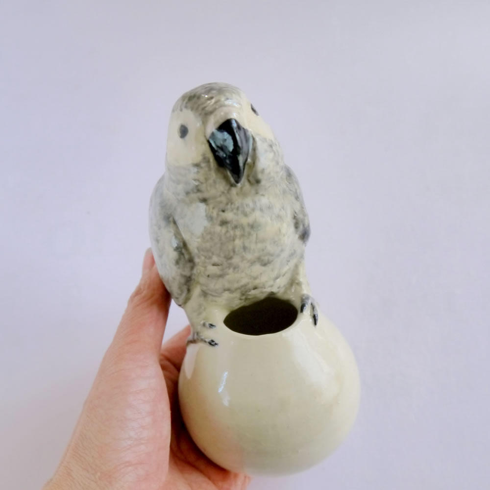 陶器の小鳥の一輪刺し ヨウム - (あなたの好きな小鳥を陶器で