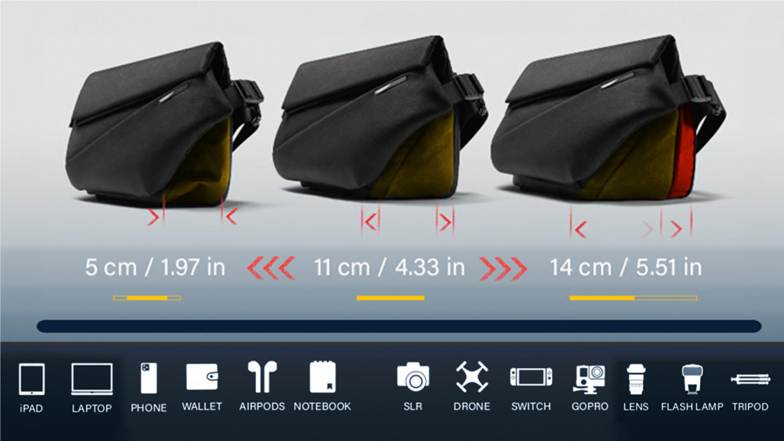 14インチPC、ペットボトルまで収納！拡張型大型スリングバッグ｜NIID