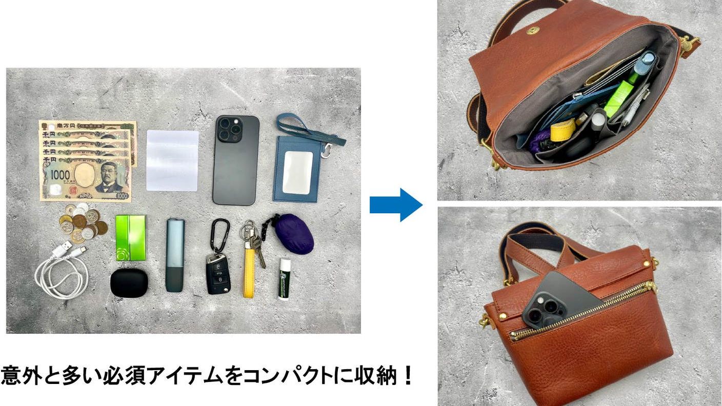 クラウドファンディングプロジェクト：身軽に外出したい！意外と多い必須アイテムがきちんと収まる『本革ミニショルダー』