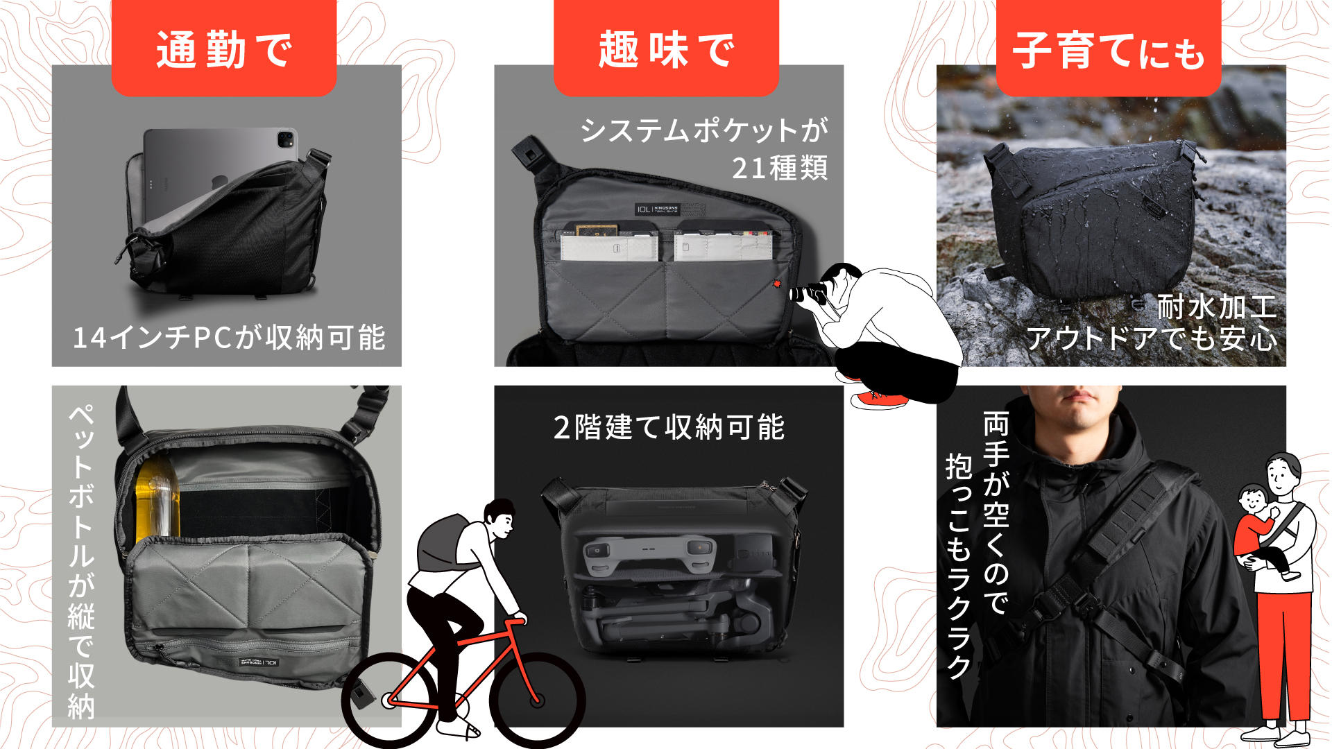21種類ポケット搭載！バッグ内の仕切りもカスタマイズ「Pixel Sling