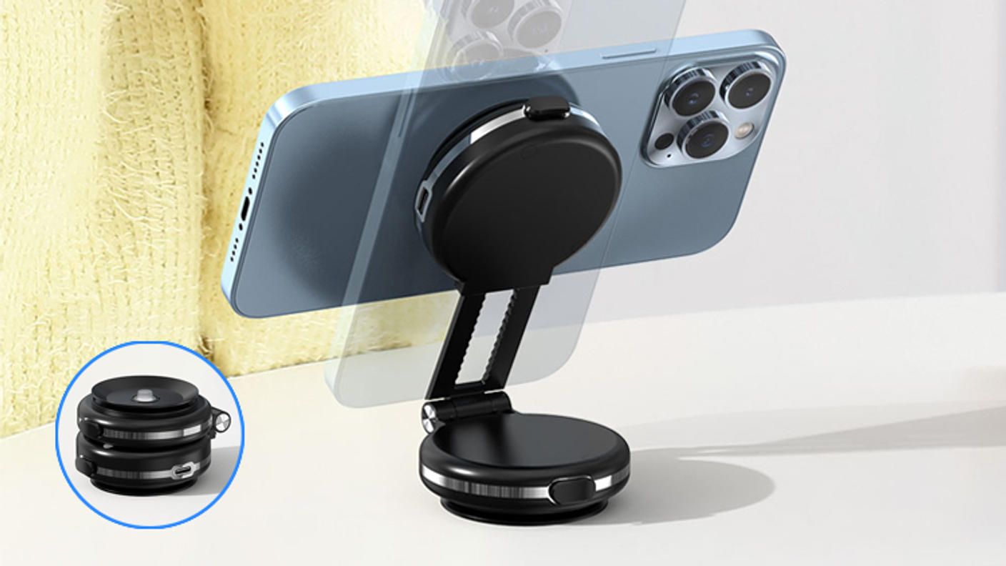 クラウドファンディングプロジェクト：1秒でガッシリ自動固定！ワイヤレス充電対応の真空吸着式スマホホルダー