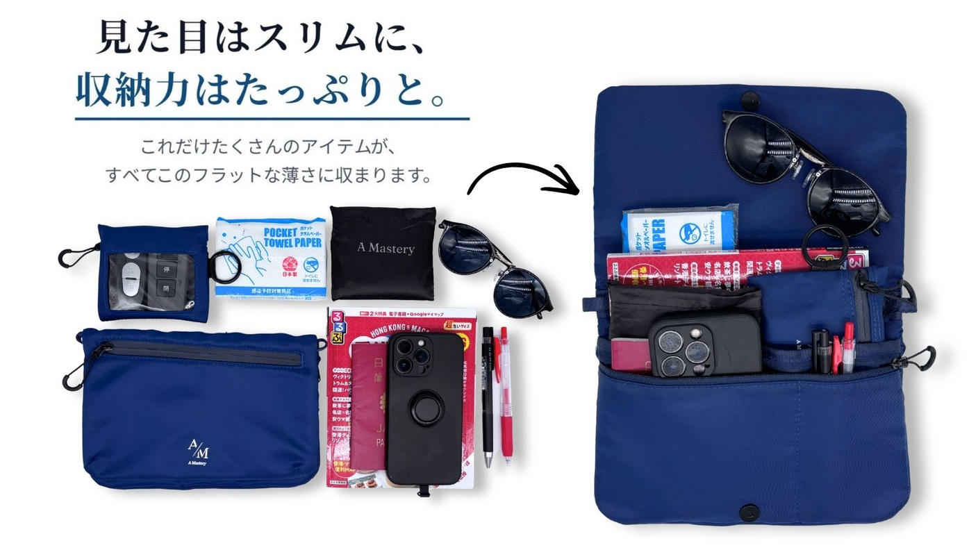 クラウドファンディングプロジェクト：”スマホ＋α”がすっきり収まる薄くて軽い【フラットバッグ】