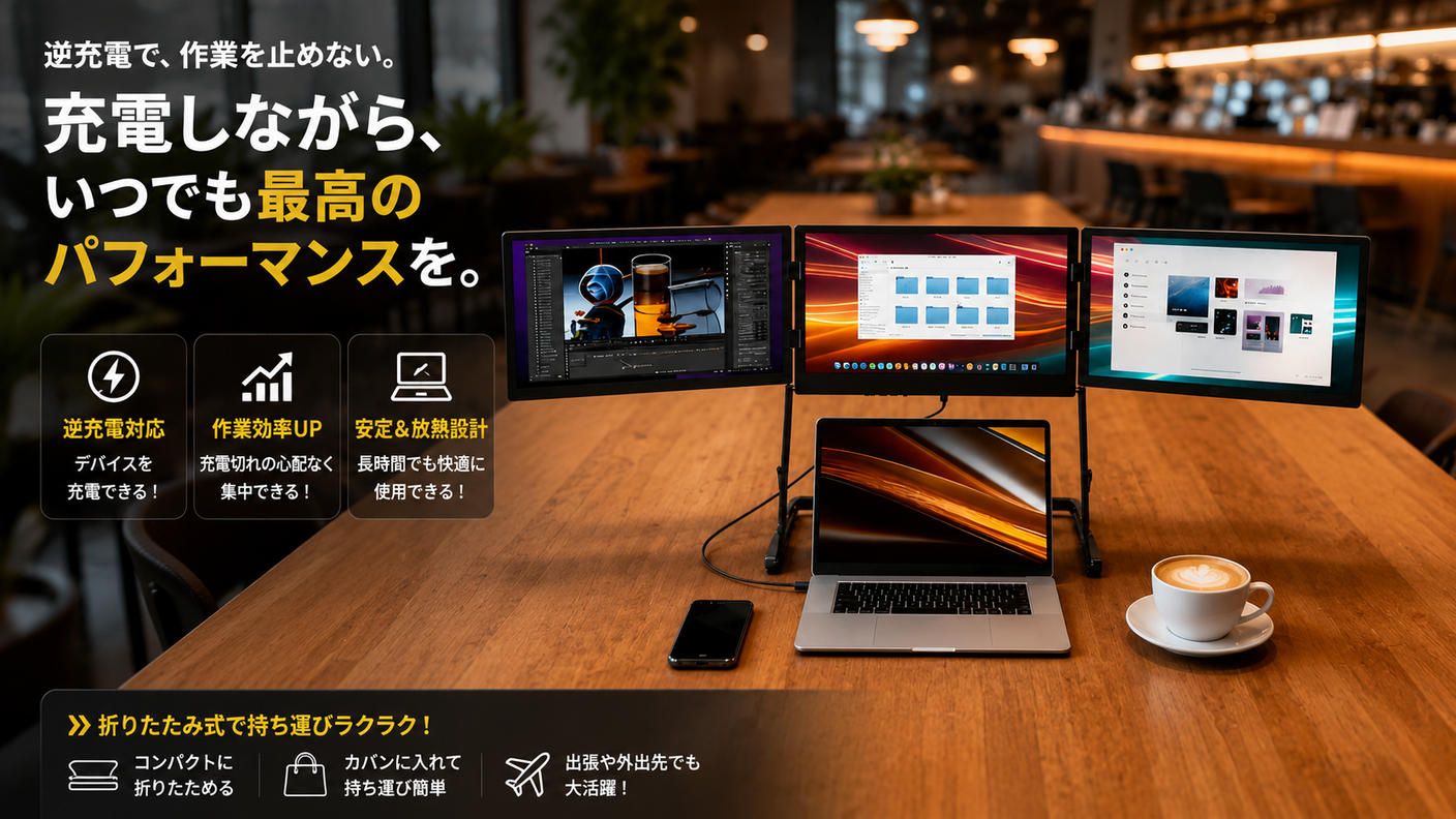 クラウドファンディングプロジェクト：ノートPCを瞬時に3画面へ 折りたたみ式トリプルディスプレイ TriCreate