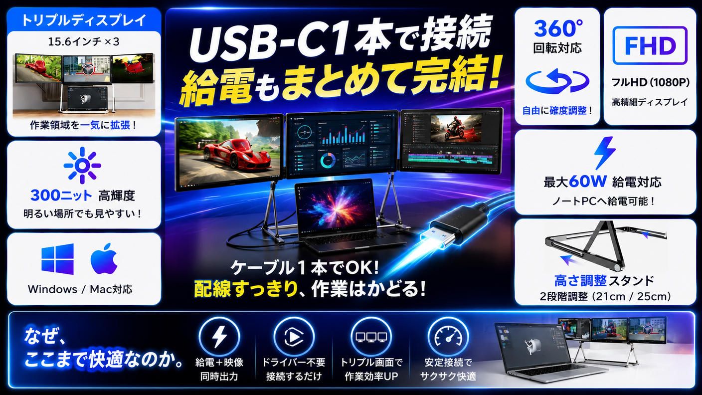クラウドファンディングプロジェクト：ノートPCを瞬時に3画面へ 折りたたみ式トリプルディスプレイ TriCreate