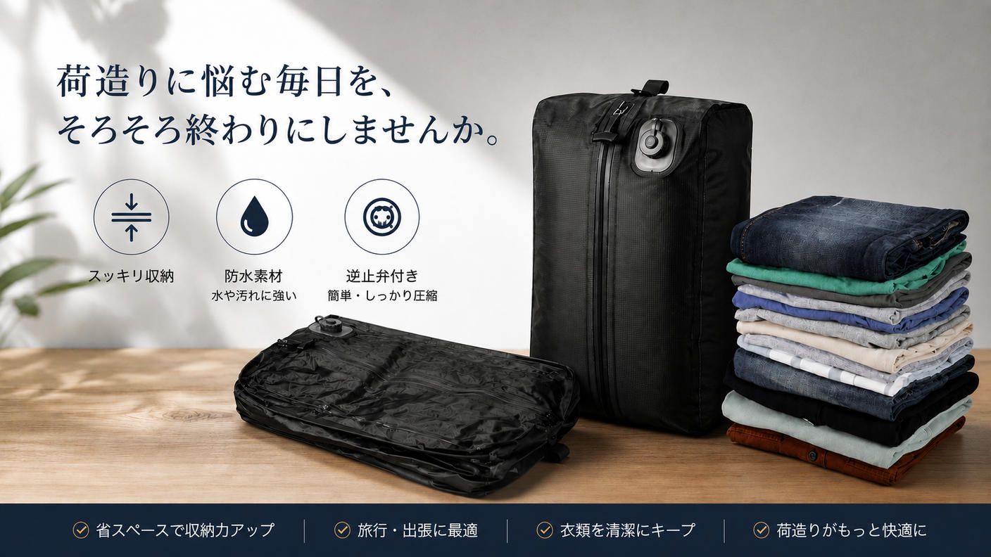 クラウドファンディングプロジェクト：タフに使える、大人の収納ギア。内蔵ポンプ搭載 電動圧縮バッグ「GEARPACK」