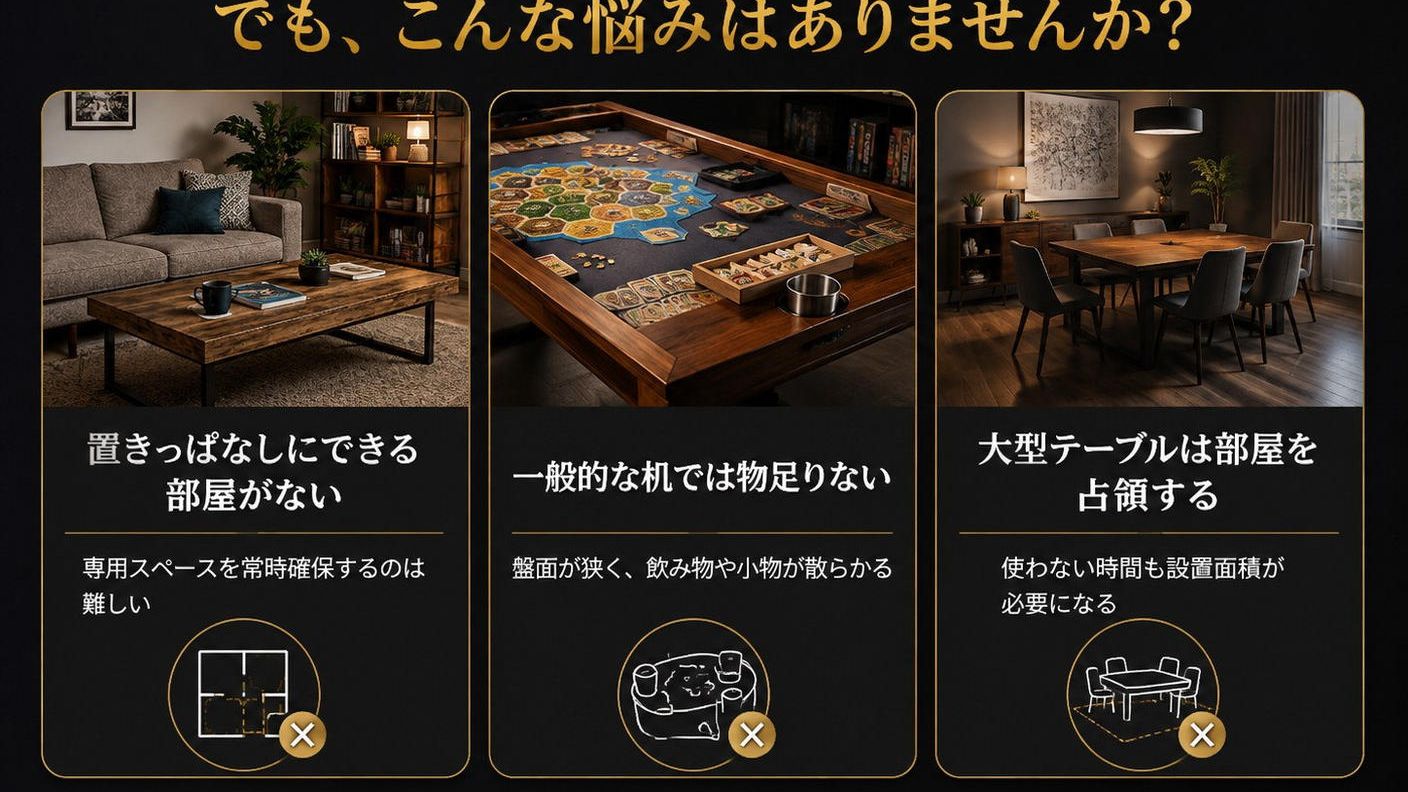 クラウドファンディングプロジェクト：【置き場所問題を解決】最短2秒で収納！遊ぶ時だけ広げる本格ボードゲームテーブル｜NOMAD