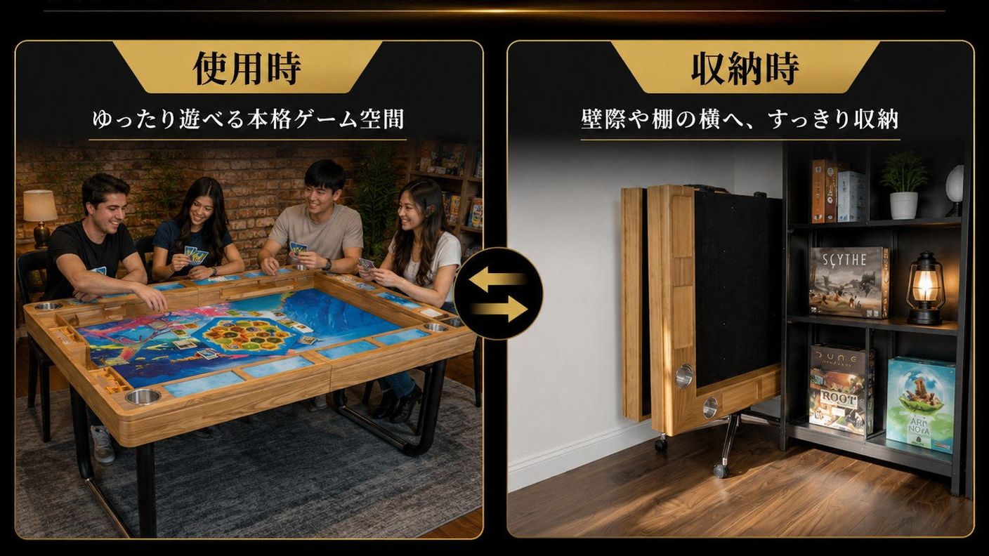 クラウドファンディングプロジェクト：【置き場所問題を解決】最短2秒で収納！遊ぶ時だけ広げる本格ボードゲームテーブル｜NOMAD