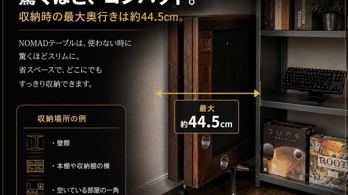 クラウドファンディングプロジェクト：【置き場所問題を解決】最短2秒で収納！遊ぶ時だけ広げる本格ボードゲームテーブル｜NOMAD