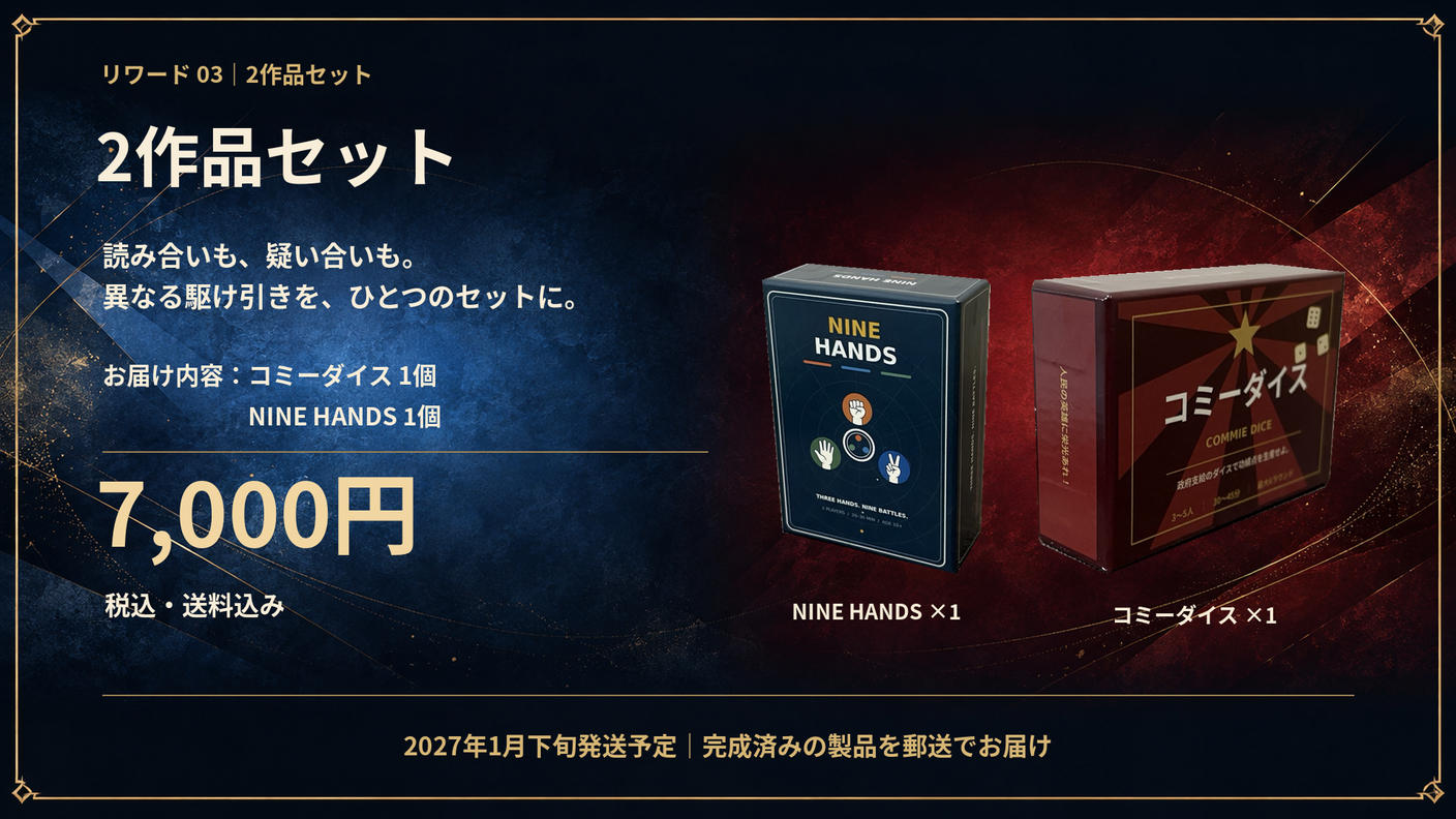クラウドファンディングプロジェクト：ゲームマーケット出展の2作品『コミーダイス』『NINE HANDS』を全国へ！