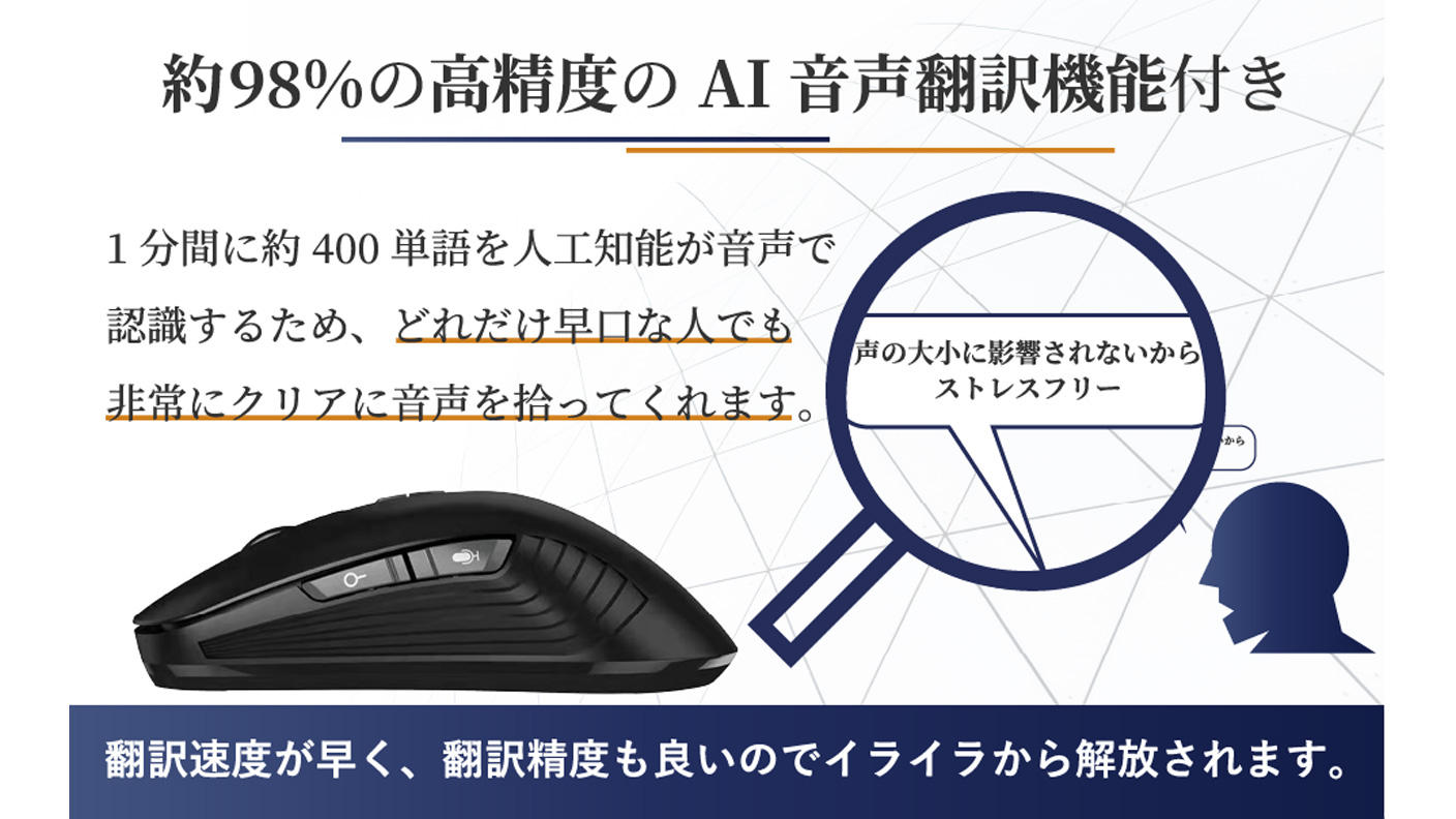 ワンクリックで音声翻訳＆文字起こし。AIマウスで仕事効率化を。115
