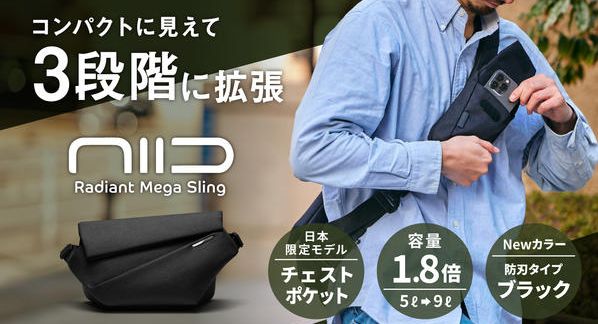 クラウドファンディングプロジェクト：14インチPC、ペットボトルまで収納！拡張型大型スリングバッグ｜NIID MEGA PRO