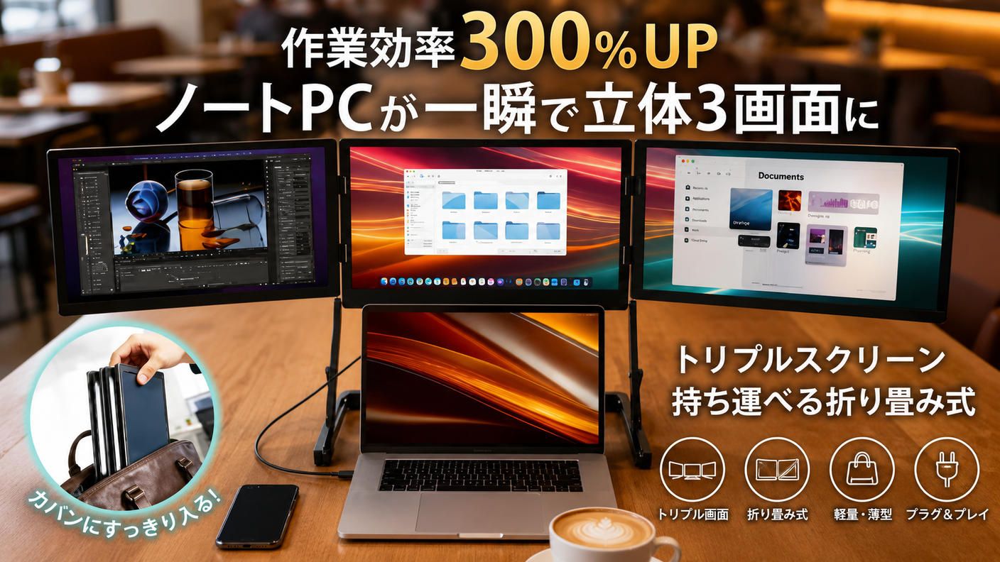 クラウドファンディングプロジェクト：ノートPCを瞬時に3画面へ 折りたたみ式トリプルディスプレイ TriCreate