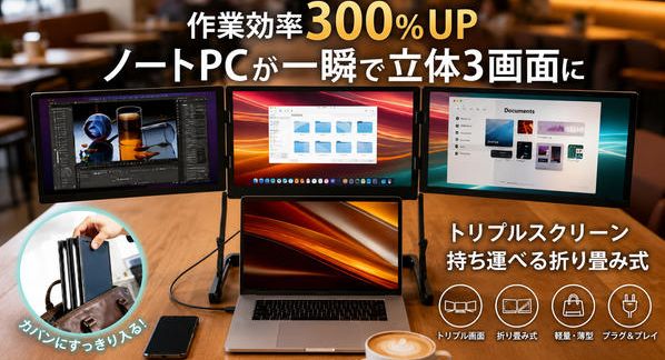 クラウドファンディングプロジェクト：ノートPCを瞬時に3画面へ 折りたたみ式トリプルディスプレイ TriCreate