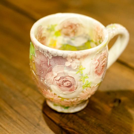  瀬戸の女流陶芸家 野村晃子　花マグ（パープル）、やきものワールドチケット1枚付き  