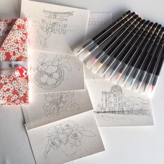 【200名】筆姫特別仕様（特別割引付き/筆姫12色セット＋和紙ペンケース＋ぬりえ用下絵付き絵はがき5枚綴り）