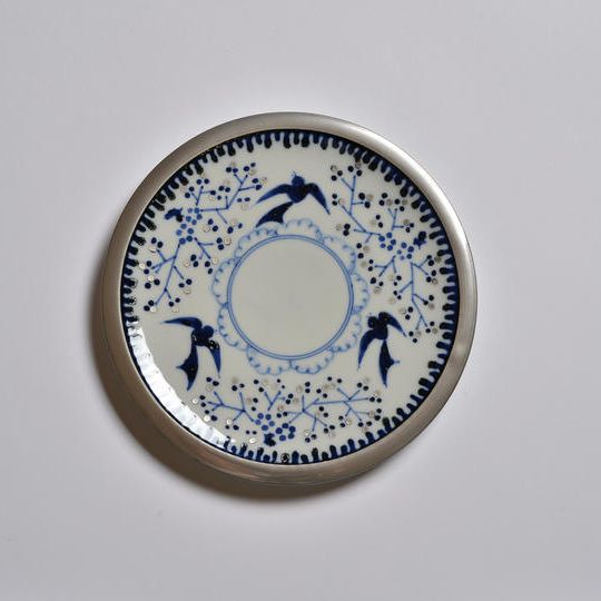 銀彩鳥小花縁付5.5寸皿