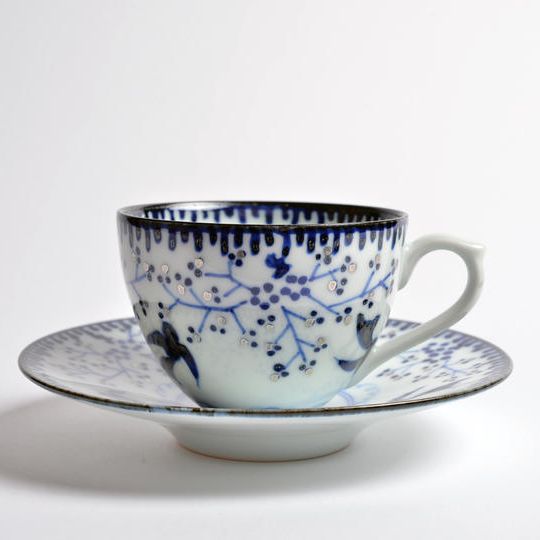 銀彩鳥小花コーヒー碗皿