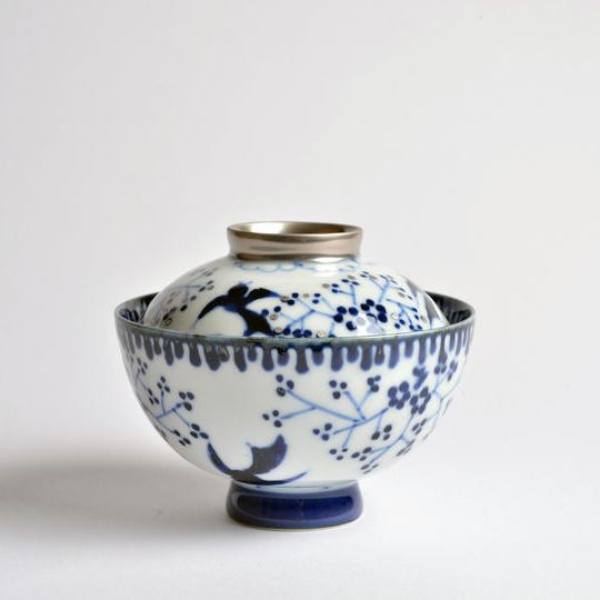 銀彩鳥小花小蓋碗