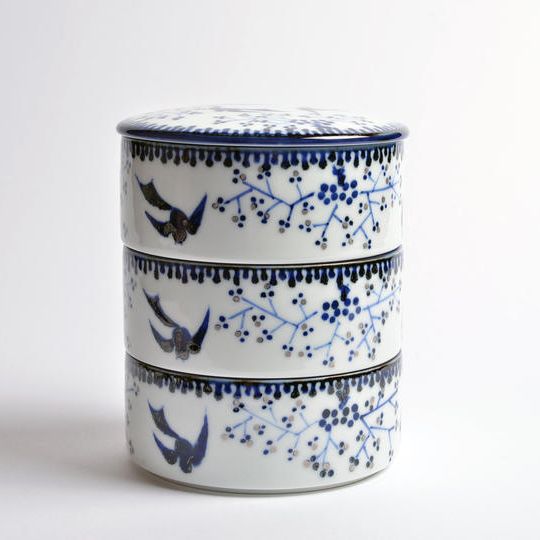 銀彩鳥小花三段重