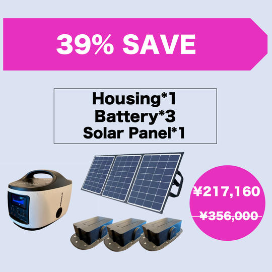 RELIFEハウジング 1台  カートリッジバッテリー 3台  ソーラーパネル 1枚  ACアダプター 1台 