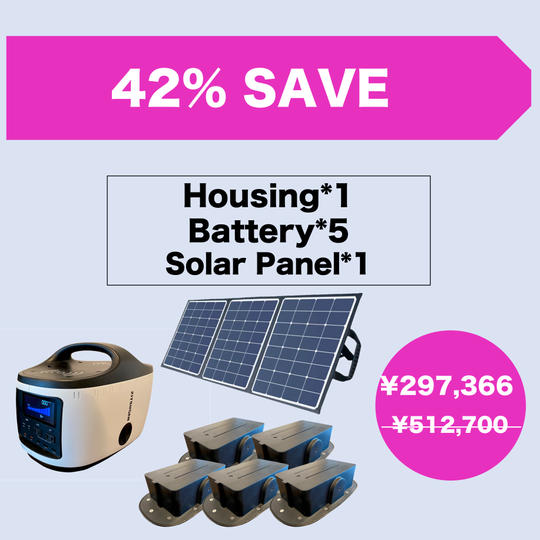 RELIFEハウジング 1台 カートリッジバッテリー 5台 ソーラーパネル 1枚