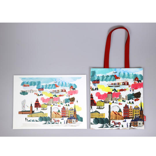 絵画 &「南三陸ミシン工房」縫製 プリントトートバッグ のおそろいセット「Natsko Seki 作 / 復興の街並み」