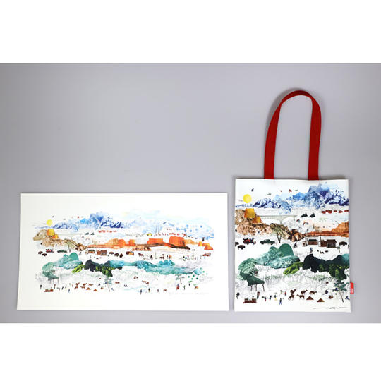 絵画 ＆「南三陸ミシン工房」縫製 プリントトートバッグのおそろいセット「Natsko Seki 作 / マウンテン」