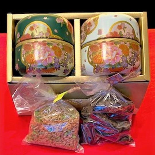 「お茶漬けいわし鈍刀煮」（ほぐし）100ｇ　ちりめん山椒60ｇ化粧缶つき