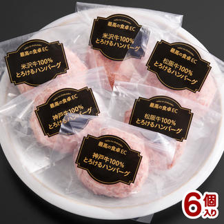 日本三大和牛（神戸牛・松阪牛・米沢牛 100％）とろけるハンバーグ6個