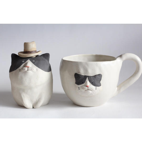 動物マグカップ、一輪挿しset　　「ハチワレ猫」　＊送料込み