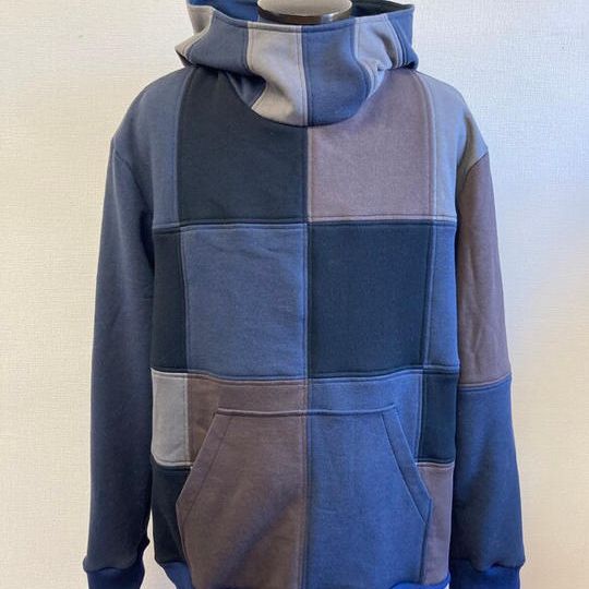 男女兼用★継はぎバイカラーフードパーカー 紺黒茶ミックス（メンズLL）