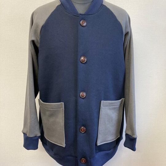 男女兼用★バイカラースウェットブルゾン 紺色×グレー（サイズ　男女フリー L〜L L）