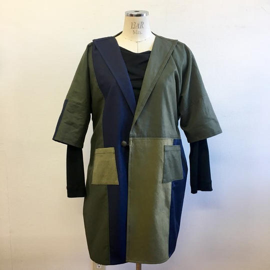 男女兼用❤️モザイクみたいなバイカラーコットンロングジャケット カーキ紺（メンズ L、レディース L L）