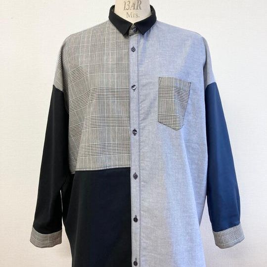 男女兼用❤️チェック柄バイカラードルマン袖シャツ 黒紺グレー（男女フリー メンズML、レディースL〜LL）