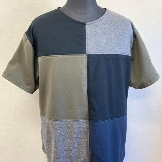 男女兼用❤️ハギレ布の切替Tシャツ カーキ黒グレー紺（男女フリー メンズ L、レディース L L）