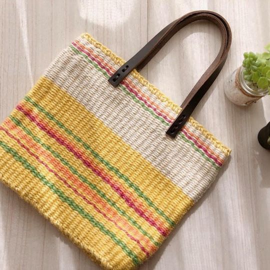 【1点物】手染め手織り麻ひも手提げバッグ（送料無料）