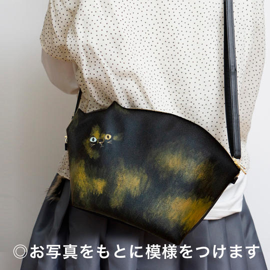 うちの子模様の猫バッグ2way(ポシェット・クラッチタイプ)黒レザー