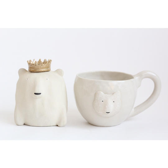 動物マグカップ、一輪挿しset　「シロクマの王様」　＊送料込み