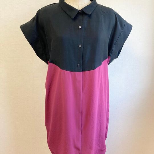 バイカラーが可愛い❤️バイカラーシャツワンピース 黒&ピンク（サイズ L〜 L L）