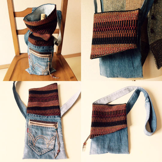 ショルダーサックバッグ（デニム×ツイード）