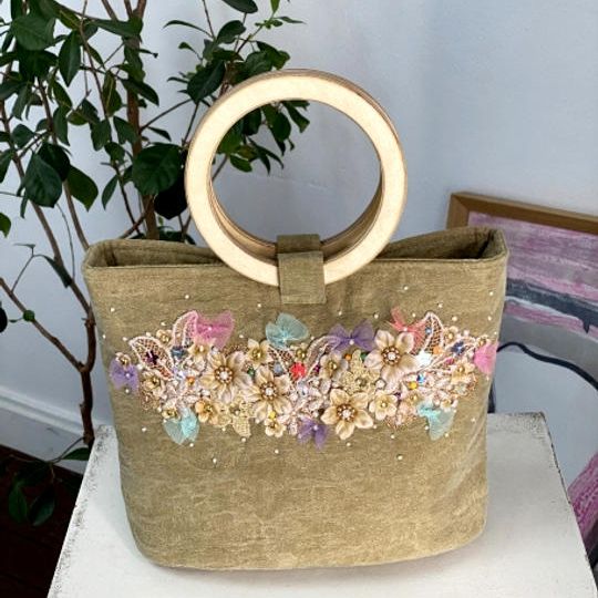 6.黄色いスイセンのウッドハンドルバッグ