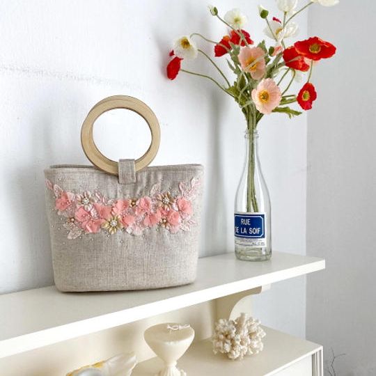 14.桜ウッドハンドルバッグ+ 桜 化粧ポーチ(２点セット)