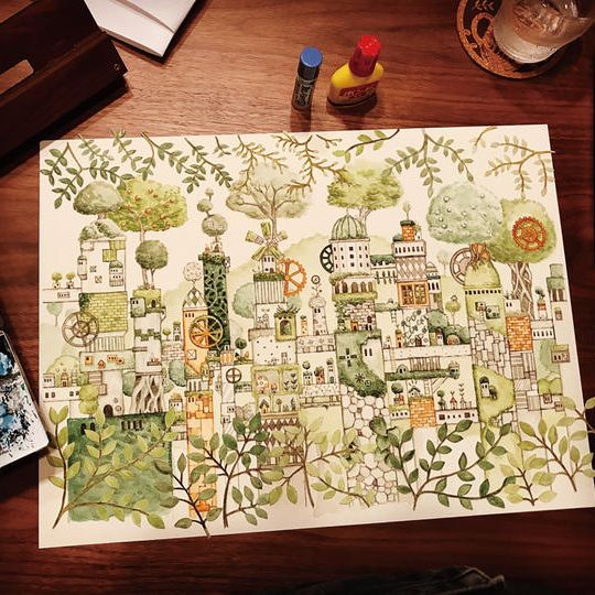 世界で一点ものの空想街の原画