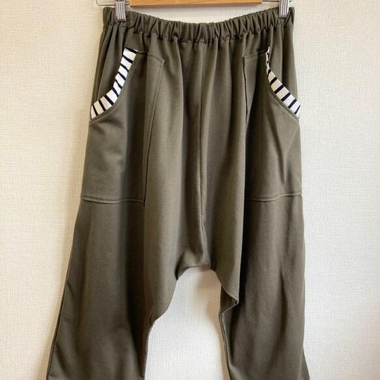 男女兼用❤️楽チンボーダーポケットのサルエルパンツ（カーキ）／男女フリーＭ～ＬまたはL〜L L／受注制作