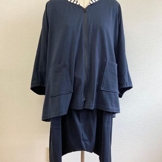 上下セット★ポンチョ風ドルマンBigパーカー＆サルエルパンツ（紺）／男女フリーＭ～ＬまたはL〜L L／受注生産