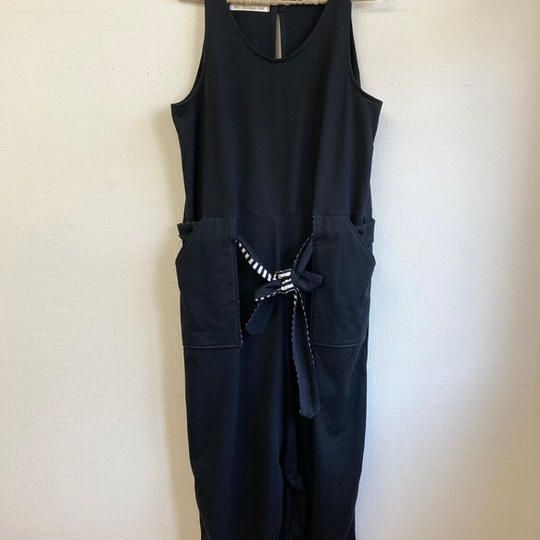 楽ちんサロペット❤️ボーダーリボン&ポケットのサルエルサロペットパンツ （黒）／サイズＬ～ＬＬ／受注生産