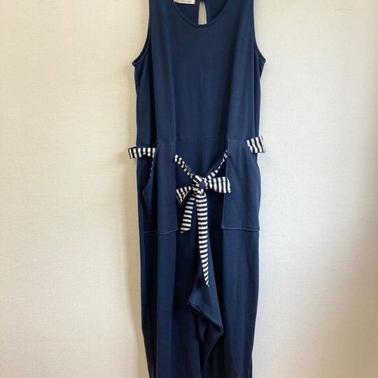 楽ちんサロペット❤️ボーダーリボン&ポケットのサルエルサロペットパンツ （紺）／サイズL~LL／　受注生産