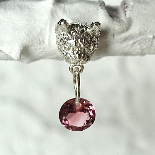 一部、保護猫団体へ寄付される石をくわえている猫のピアス