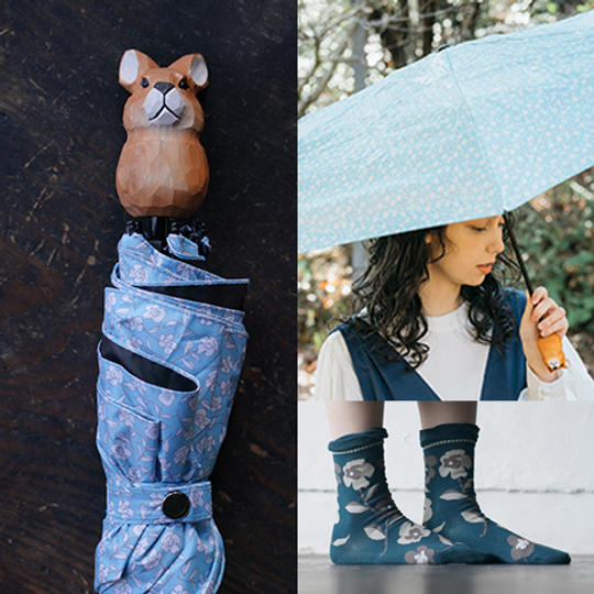 UVカット99.9%以上！木彫りうさぎの折りたたみ傘と靴下セット ＊通常よりも720円お得！